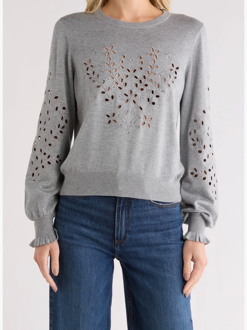 Brand New NVLT Gray Crewneck Sweater with Eyelet Floral Cutouts